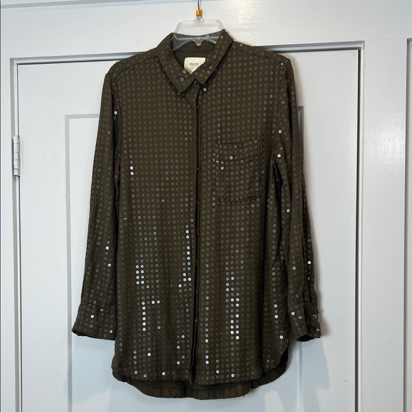 Maeve Brown Sequin button down blouse with front pocket. Size medium. - Picture 2 of 12